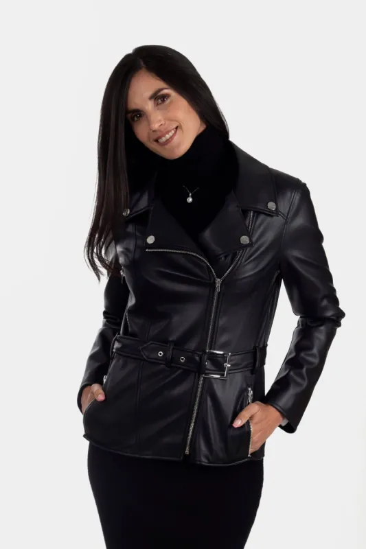 Biker Jacket with Belt and Silver Trim sold by Lord & Taylor