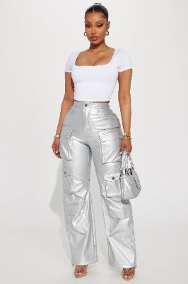 City Is Mine Faux Leather Cargo Pant - Silver sold by Fashion Nova