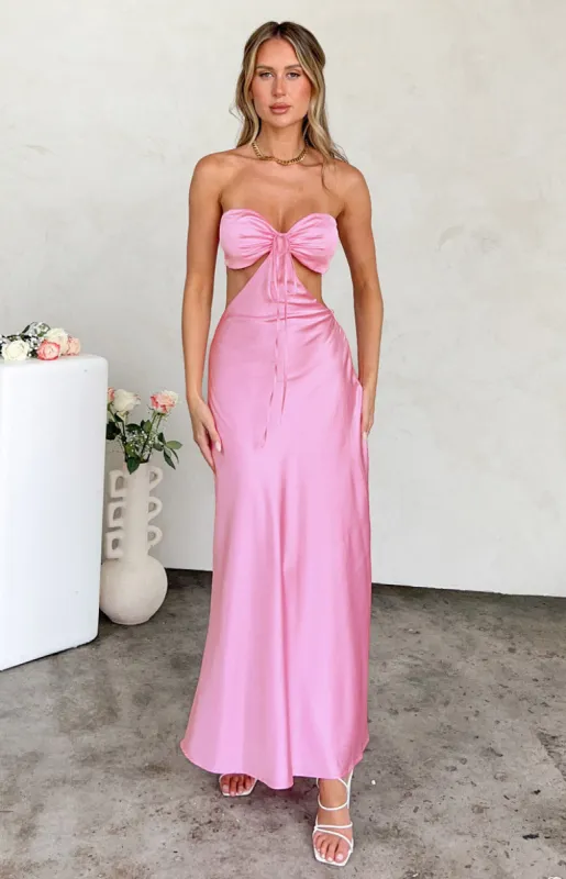 Lili Pink Satin Strapless Maxi Dress sold by Beginning Boutique