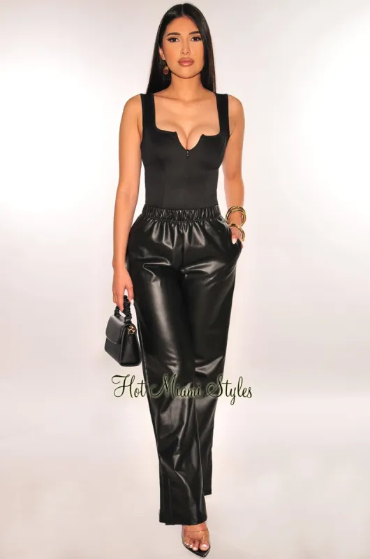 Black Sleeveless Zipper Bodysuit Faux Leather Palazzo Pants Two Piece sold by Hot Miami Styles
