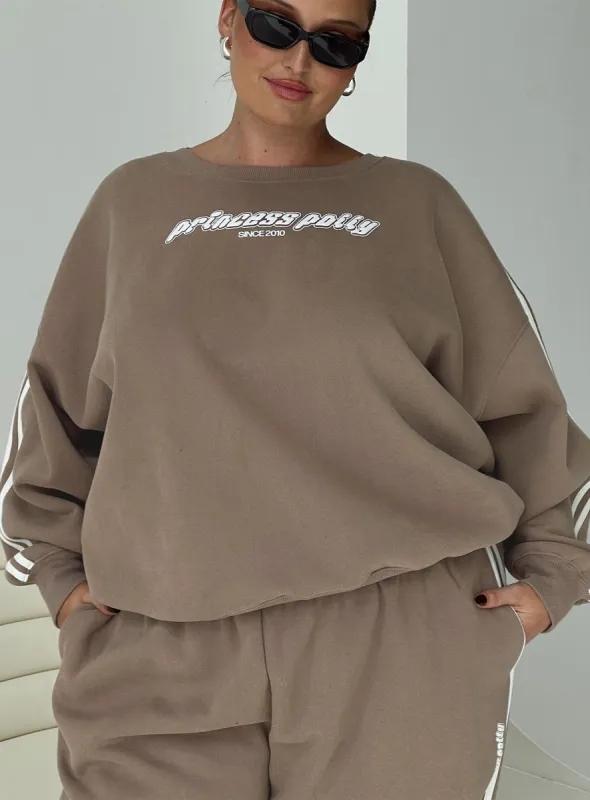 Princess Polly Crew Neck Sweatshirt Stripe Taupe / White Curve sold by Princess Polly