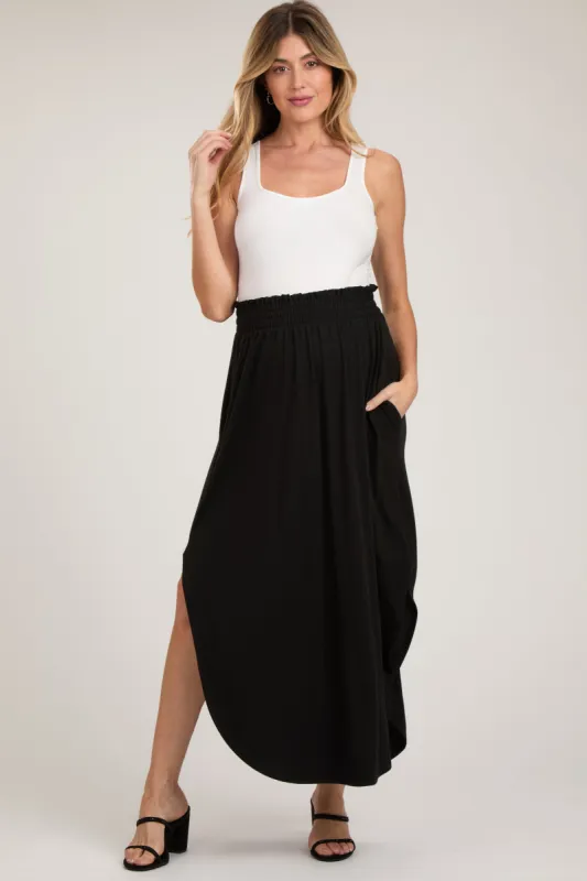 Black Smocked Rounded Hem Maternity Maxi Skirt sold by Pinkblush