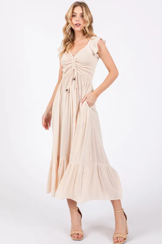 Beige Smocked Ruched Ruffle Hem Maxi Dress sold by Pinkblush