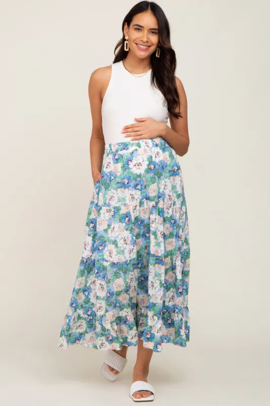 Blue Floral Tiered Maternity Maxi Skirt sold by Pinkblush