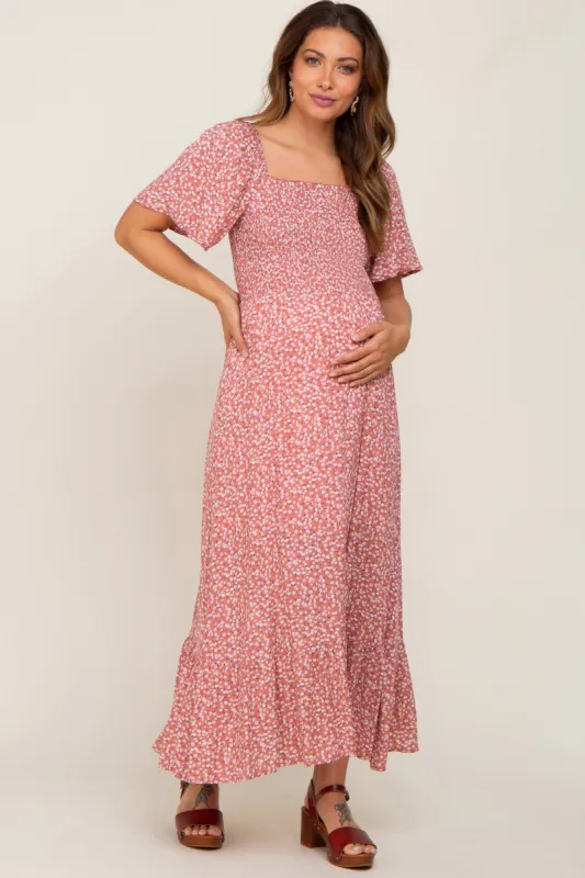 Mauve Floral Smocked Flounce Sleeve Maternity Maxi Dress sold by Pinkblush