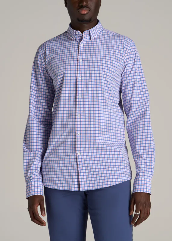Traveler Stretch Dress Shirt for Tall Men in Blue and Rose Grid sold by American Tall