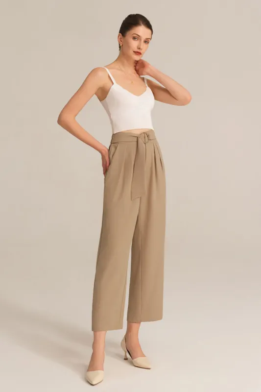 Straight-Legged OL Stretchy Waist Cropped Pants - Brown sold by Grace Karin