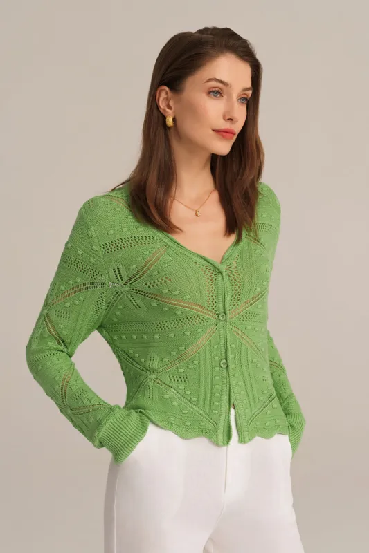 Hollowed-out Long Sleeve V-Neck Cropped Knitted Cardigan sold by Grace Karin
