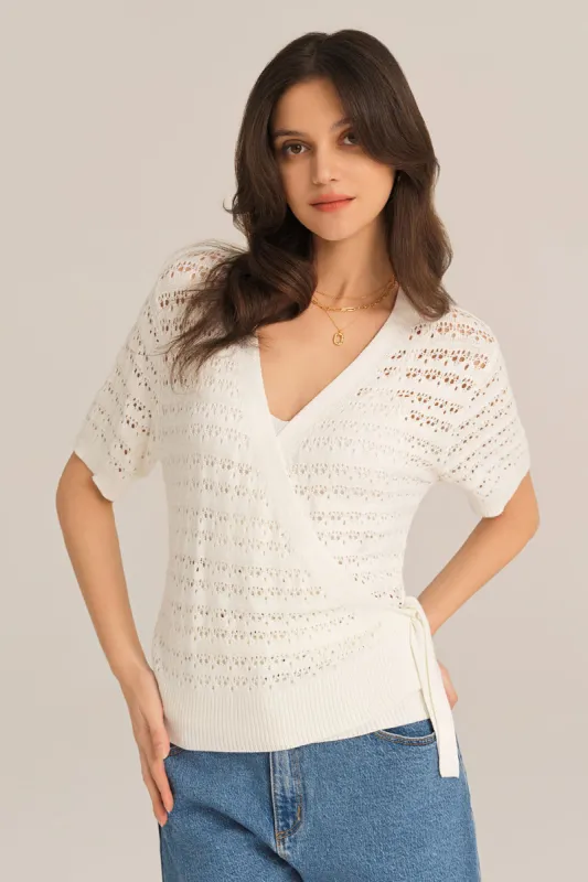 Hollowed-out Short Sleeve V-Neck Wrap Front Knitted Cardigan sold by Grace Karin