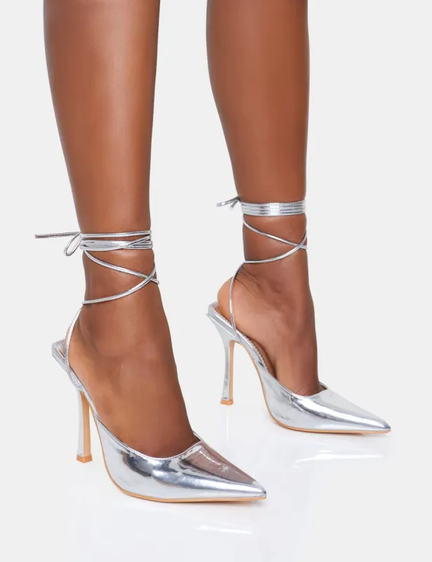 Verity Wide Fit Silver Slingback Lace Up Pointed Court Stiletto Heels sold by Public Desire
