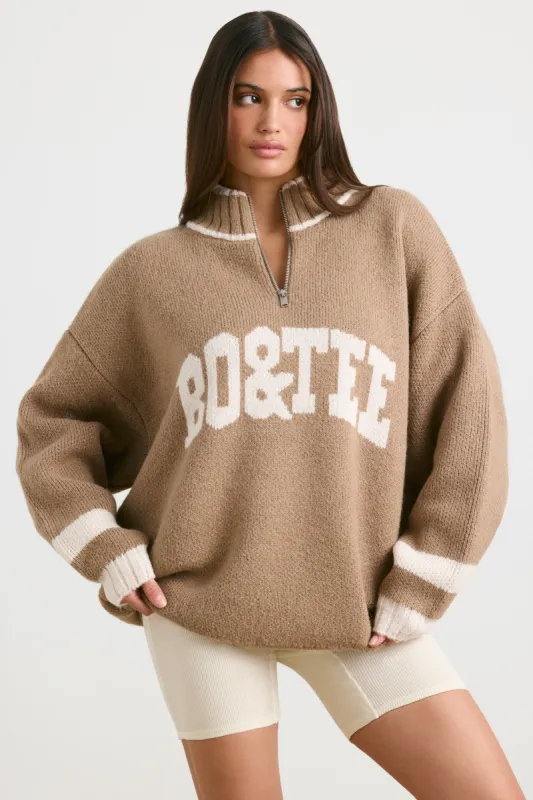 Oversized Quarter-Zip Chunky-Knit Jumper in Espresso sold by Oh Polly
