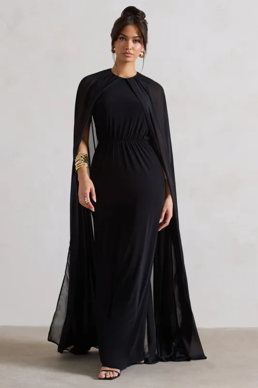 Envy | Black Gathered Maxi Dress With Chiffon Cape sold by Club L London