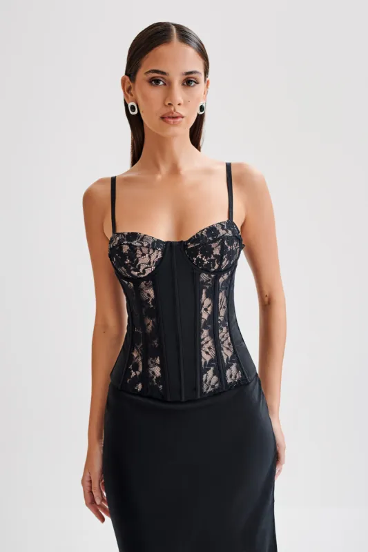 Maryse Satin And Lace Corset Top - Black sold by Meshki