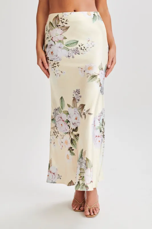 Karley Floral Satin Midi Skirt - Lemon Floral Print sold by Meshki