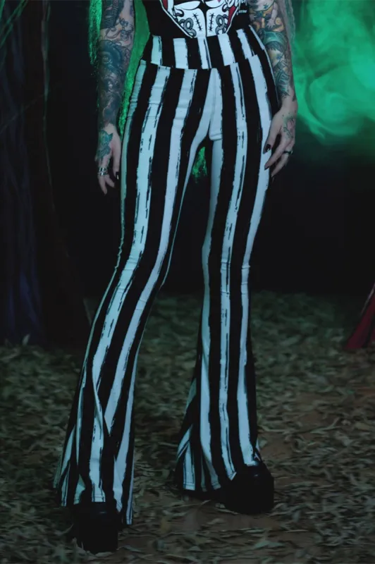 Black and White Striped Hellz Bellz Flares [BLACK/WHITE] sold by Vampire Freaks
