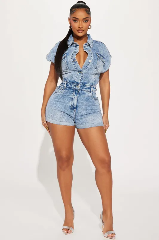 Know You Better Denim Romper - Light Wash sold by Fashion Nova