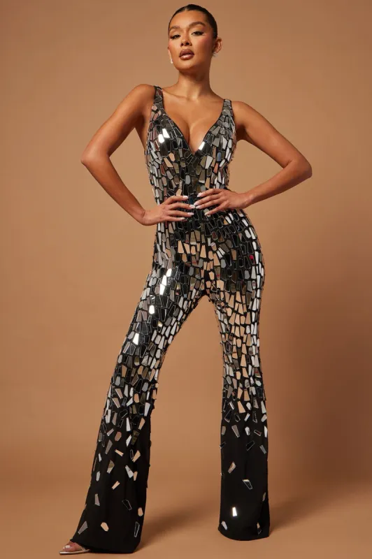 Halle Embellished Mirror Flare Jumpsuit - Black/Silver sold by Fashion Nova