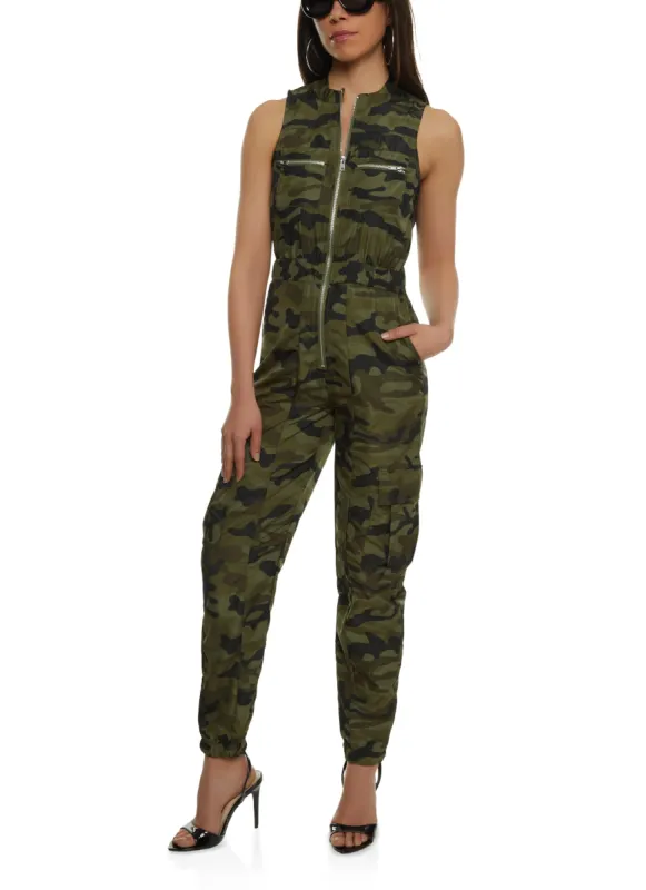 Camo Sleeveless Zip Front Cargo Jumpsuit sold by Rainbow
