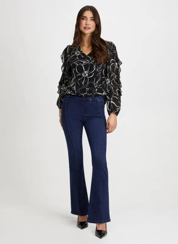 Floral Ruffle Sleeve Blouse & Pull-On Bootcut Jeans sold by Laura
