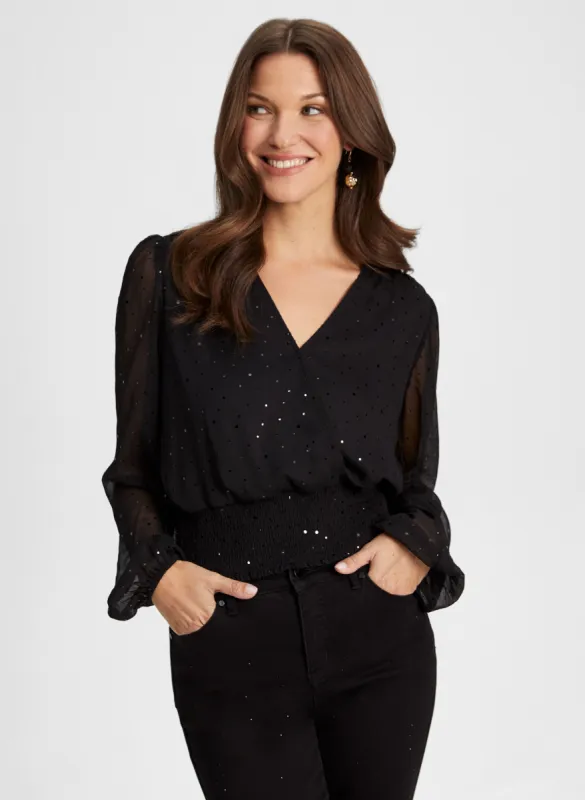 Sequin Detail Mesh Sleeve Top sold by Laura