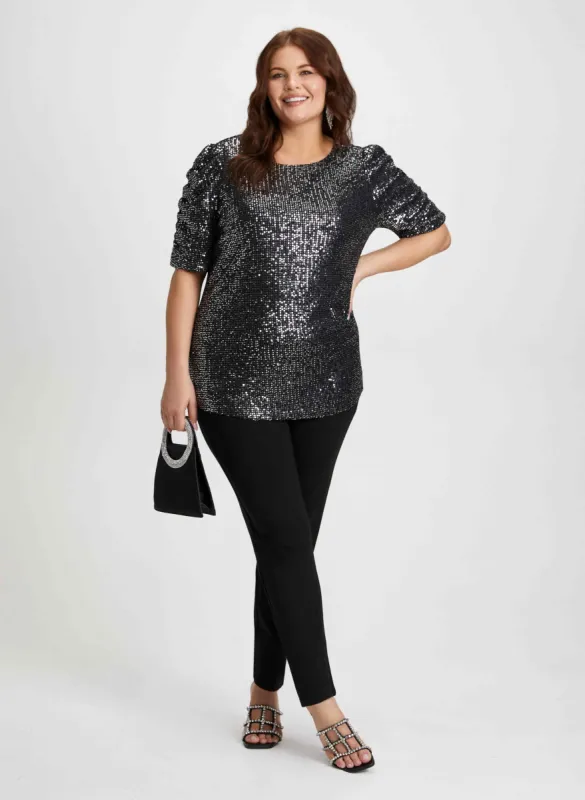 Shirred Sleeve Sequin Top & Bow Detail Pants sold by Laura