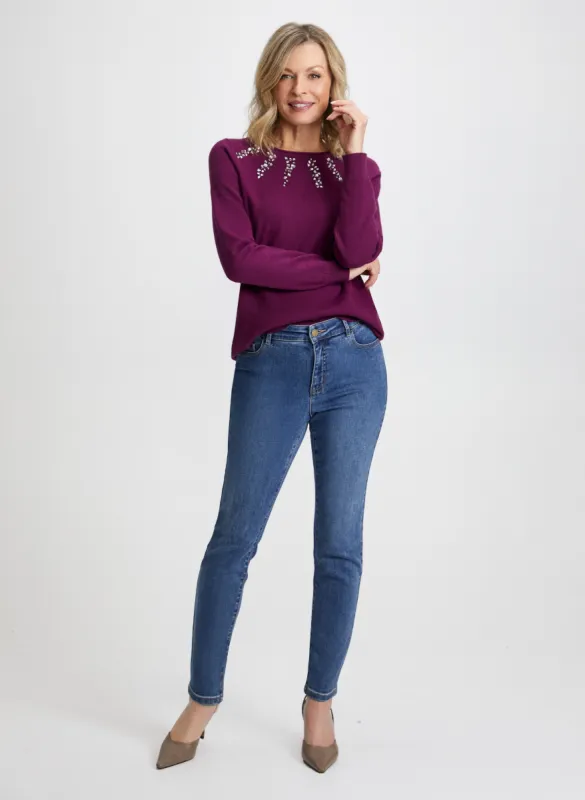 Rhinestone Detail Sweater & High Rise Slim Leg Jeans sold by Laura