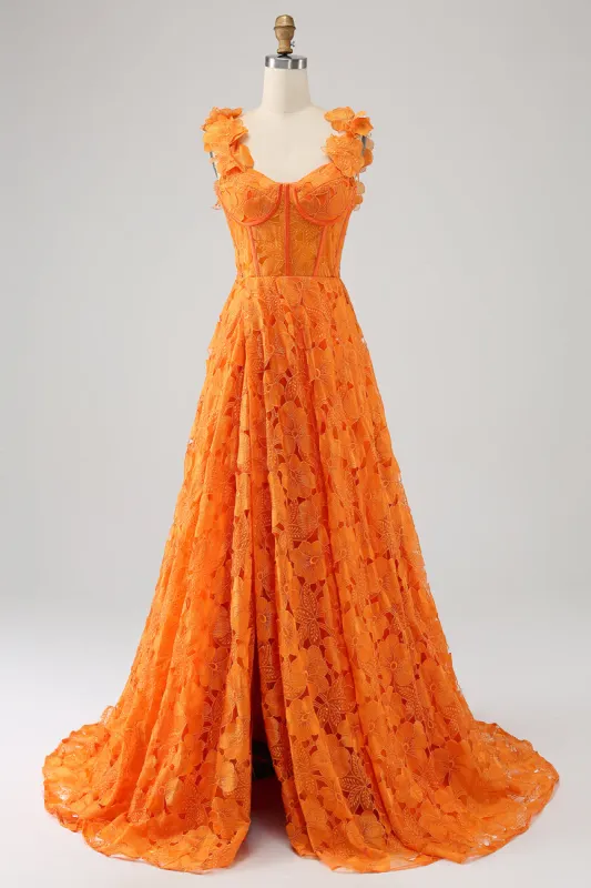 Orange A-Line Floral Lace Long Prom Dress sold by Zapaka