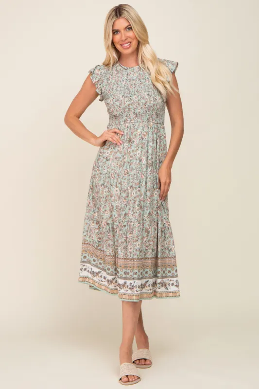 Light Olive Smocked Midi Dress sold by Pinkblush