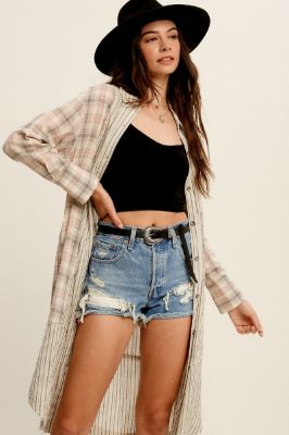 Grey Plaid Contrasting Long Shirt sold by Pinkblush