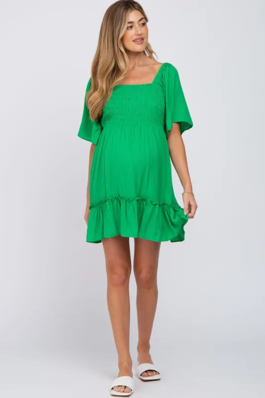 Green Smocked Tie Back Maternity Mini Dress sold by Pinkblush