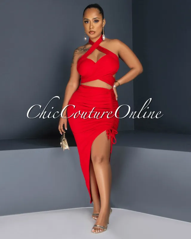 Reeda Red Crop Top & Ruched Slit Skirt Set sold by Chic Couture