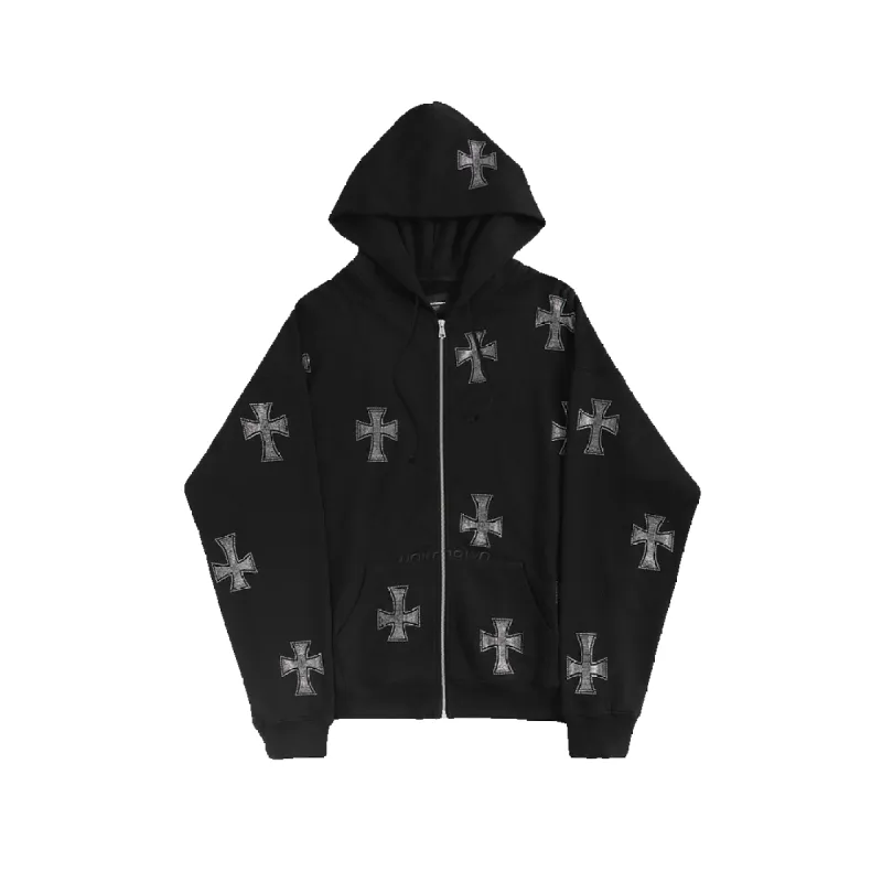 Unknown : Black Rhinestoned Cross Zip Hoodie sold by Stone & Co.
