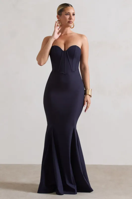 Idyllic | Navy Strapless Corset Style Fishtail Maxi Dress sold by Club L London