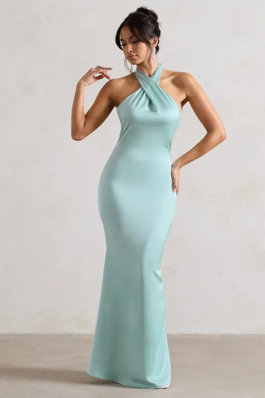 Unbeatable | Mint Green Satin Cross Over Halter-Neck Maxi Dress sold by Club L London