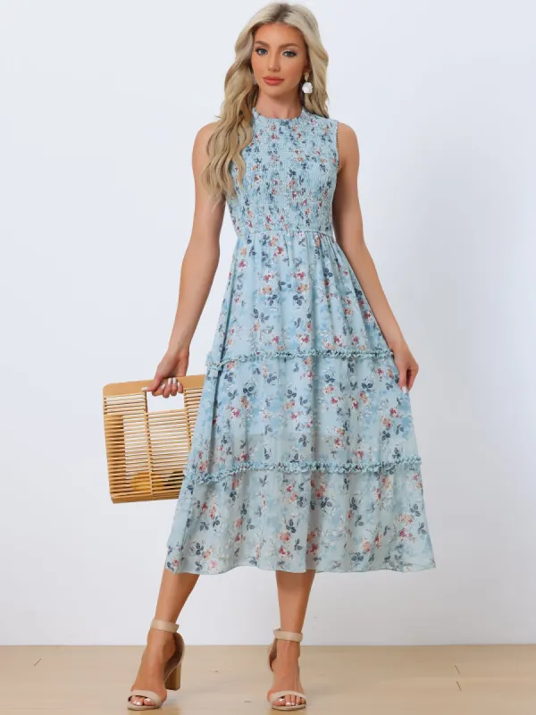 Sleeveless Floral Ruffles Crew Neck Chiffon Smocked Dress Sundress sold by Allegra K