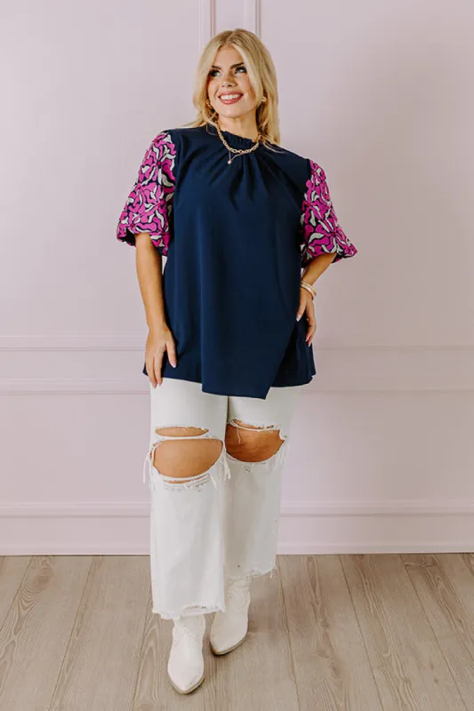 Mediterranean Cruise Embroidered Shift Top in Navy Curves sold by Impressions