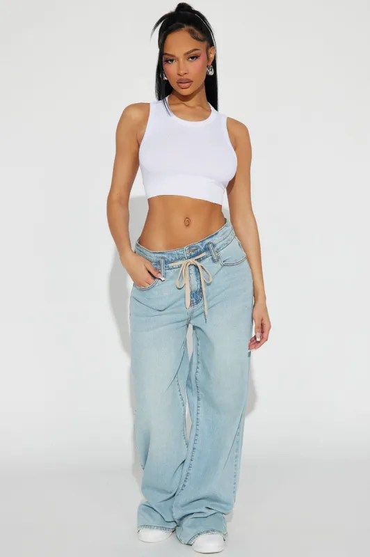 Main Reason Tie Waist Baggy Jeans - Light Wash sold by Fashion Nova