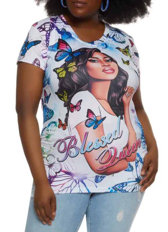 Plus Size Butterfly Print Blessed Queen Graphic Tee sold by Rainbow