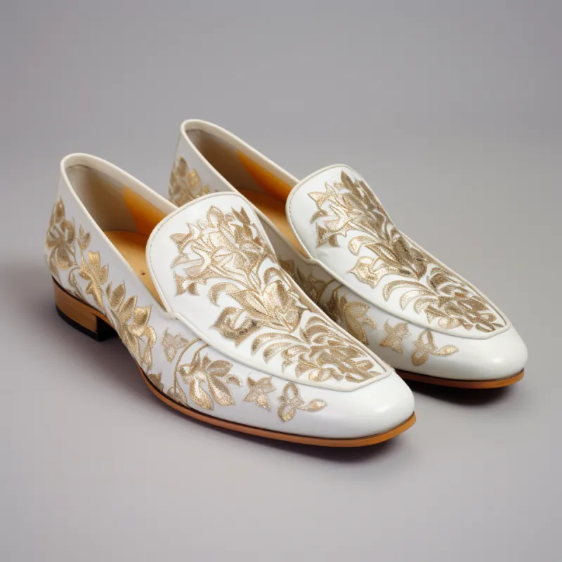 White Velvet Hand Work Zardozi Leather Peshawari Loafers | Wedding Shoes for Groom | Shoes for Haldi Mehendi Sangeet sold by Costoso Italiano