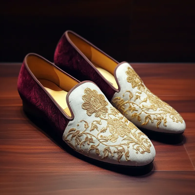 White Velvet Hand Work Zardozi Leather Peshawari Loafers | Wedding Shoes for Groom | Shoes for Haldi Mehendi Sangeet sold by Costoso Italiano