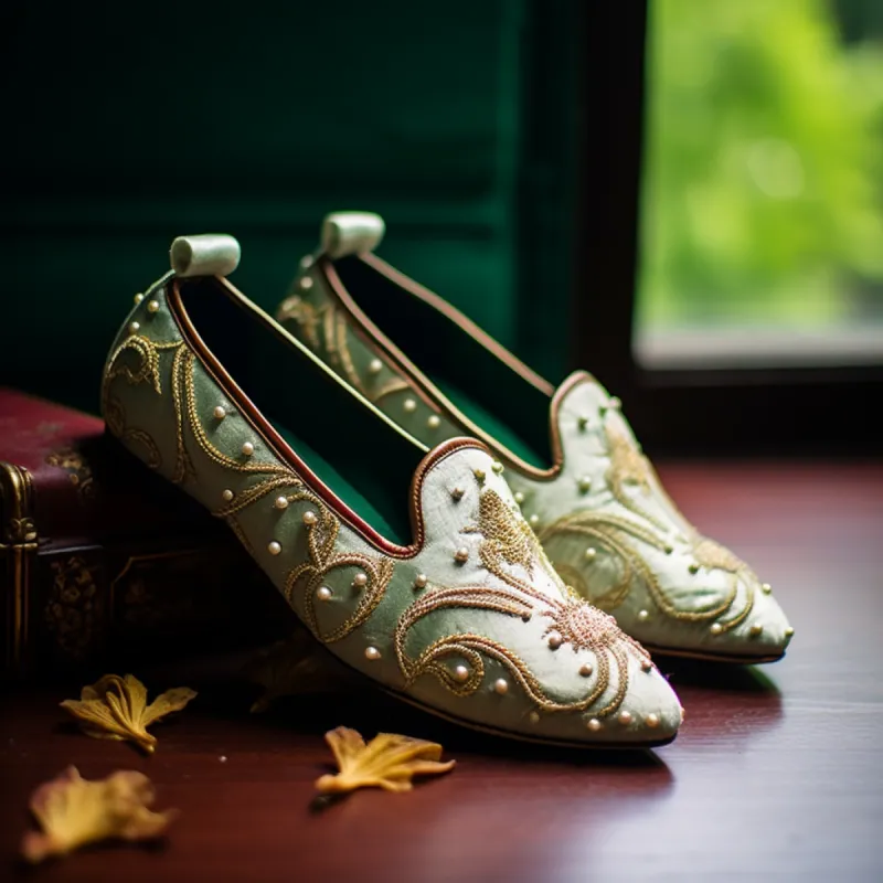 Green Velvet Hand Work Zardozi Peshawari Loafers | Wedding Shoes for Groom | Shoes for Haldi Mehendi Sangeet sold by Costoso Italiano