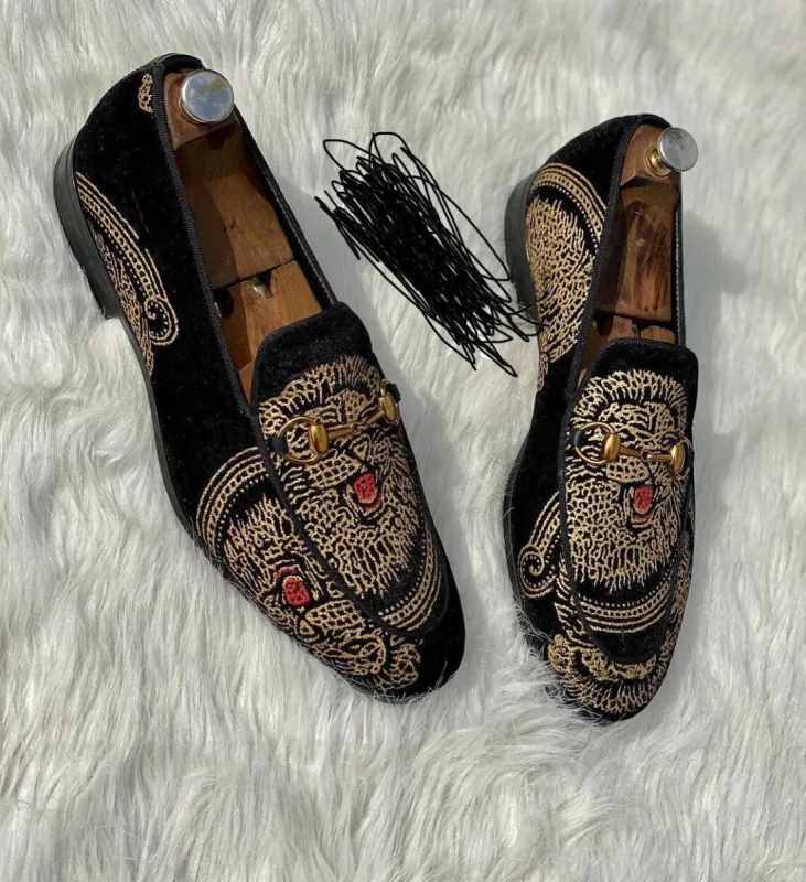 Black Suede Leather Embroidery Work Peshawari Loafers | Wedding Shoes for Groom | Shoes for Haldi Mehendi Sangeet sold by Costoso Italiano