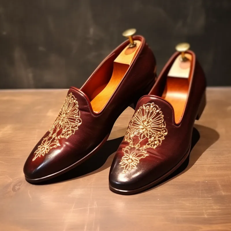 Luxury Edition - Artisian Made Burgundy Italian Leather Embroidery Work Peshawari Loafers | Wedding Shoes for Groom | Shoes for Haldi Mehendi Sangeet sold by Costoso Italiano