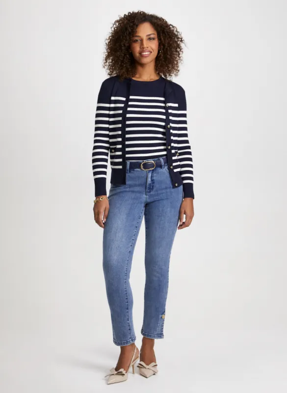 Stripe Motif Cardigan & Button Hem Jeans sold by Laura
