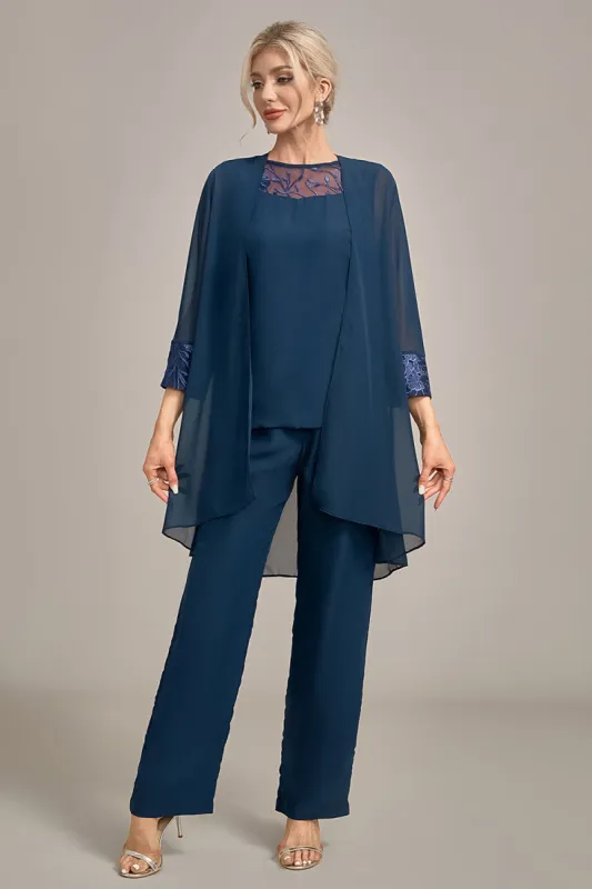 Navy Long Sleeves 3 Pieces Mother of the Bride Pant Suits sold by Zapaka