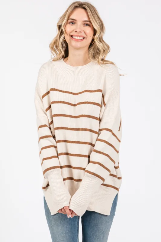 Beige Striped Drop Shoulder Sweater sold by Pinkblush