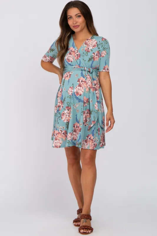 Mint Green Floral Waist Tie Maternity Dress sold by Pinkblush