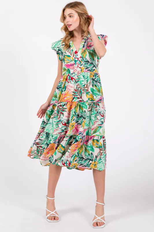 Green Floral Flutter Sleeve Tiered Midi Dress sold by Pinkblush