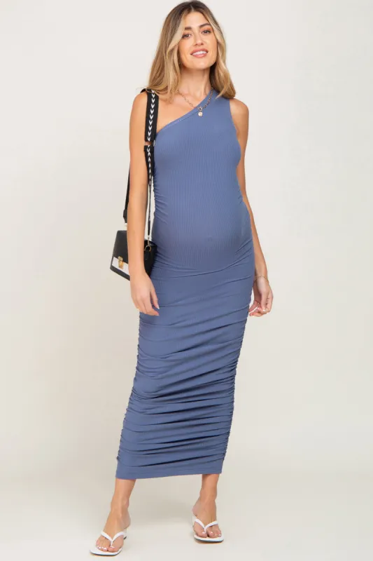 Blue Ribbed One Shoulder Ruched Maternity Midi Dress sold by Pinkblush