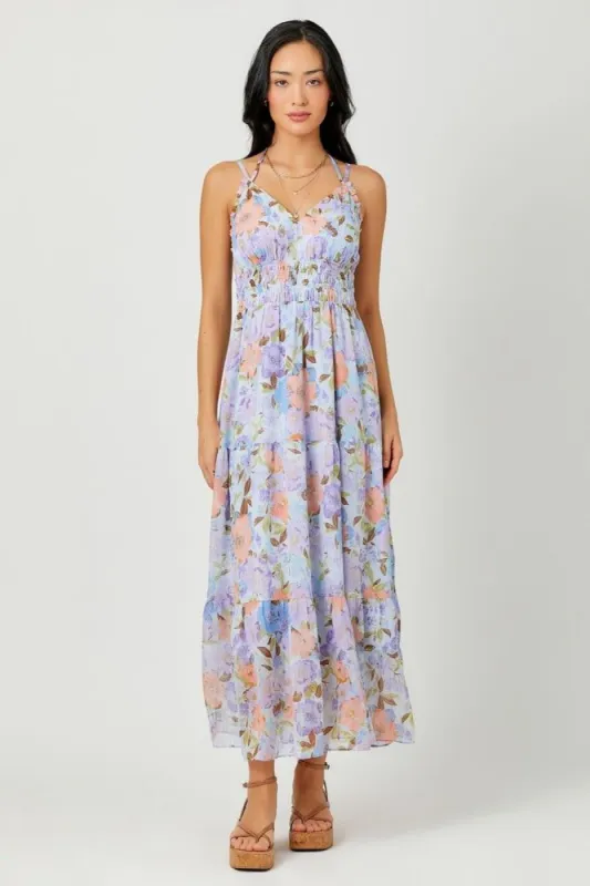 Lavender Mix Printed Long Tiered Dress sold by Pinkblush